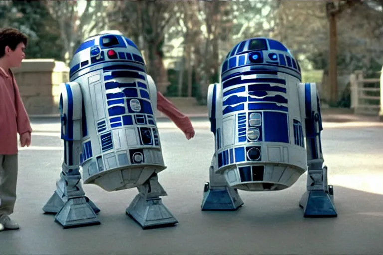 Image similar to a movie still from the 2000 romcom movie when Harry Met R2D2