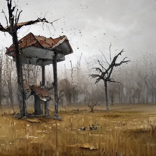 Image similar to painting by jakub rozalski of an abandoned post soviet town infested with root monsters