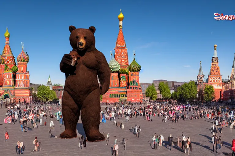 Image similar to a gigantic statue of bear holding a bottle of vodka in the middle of the red square, symmetry, awesome exposition, very detailed, highly accurate, 8 k, professional lighting diffracted lightrays, sense of awe