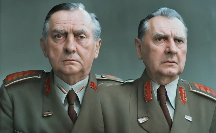 Prompt: 50s movie still close-up portrait of an elder soviet general standing in an empty giant stalinist style museum, by David Bailey, Cinestill 800t 50mm eastmancolor, heavy grainy picture, very detailed, high quality, 4k, HD criterion, precise texture and facial expression