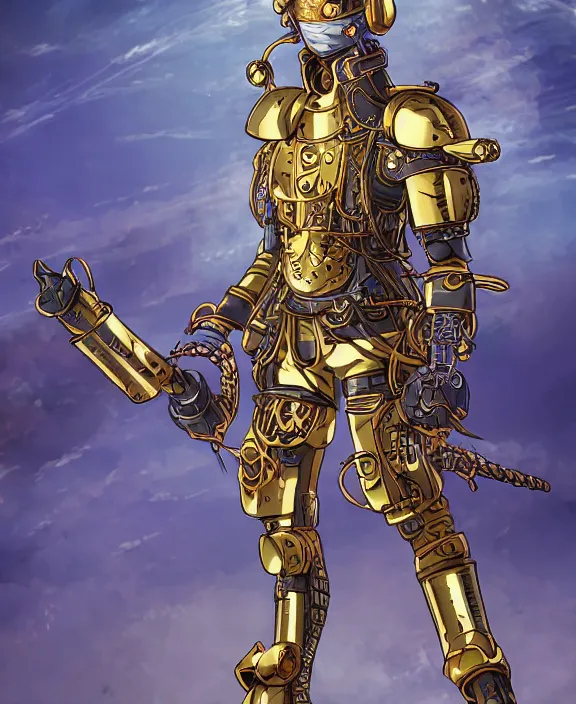 Image similar to an anime drawing of a cyberpunk warrior with golden steampunk armour and a futuristic helmet with a cybernetic visor by Moebius, 4k resolution, photorealistic