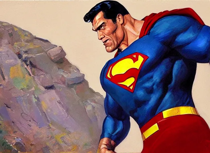 Prompt: a highly detailed beautiful portrait of the rock as superman, by gregory manchess, james gurney, james jean