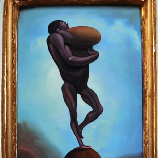 Image similar to a surrealist oil painting of a black man depicted as atlas, struggling to continue carrying the weight of the world, in the style of jean - marquett