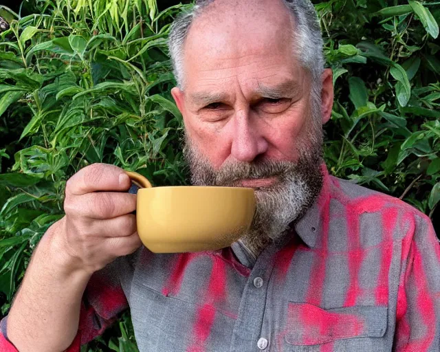 Image similar to mr robert is drinking fresh tea and meditate in a garden from spiral mug, detailed calm face, grey short beard, golden hour, red elegant shirt