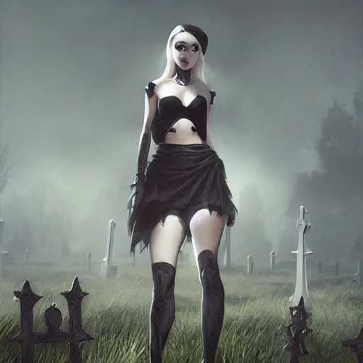 Prompt: teen girl kerli koiv mini skirt crop top standing in cemetery, gothic, darkwave, darksynth, concept art, sharp, digital matte painting, art by greg rutkowski, wlop, dramatic lighting, trending on artstation