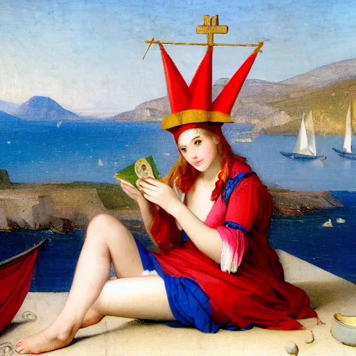 Image similar to A girl with jester hat and clothes on a greek archi circle on the front of a Balustrade with a beach and a sail boat on the background, major arcana cards, by paul delaroche, hyperrealistic 8k, very detailed