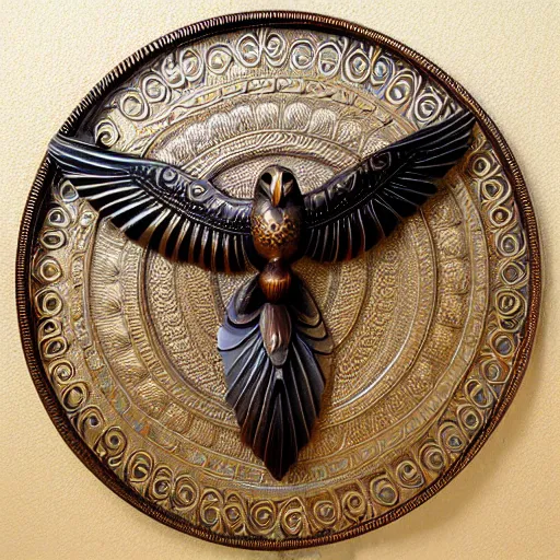 Image similar to gorgeous ornated bronze realistic detailed sacred falcon wall decoration with filigree