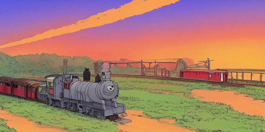 Image similar to a sunset railroad environment in the studio ghibli style, ghibli,