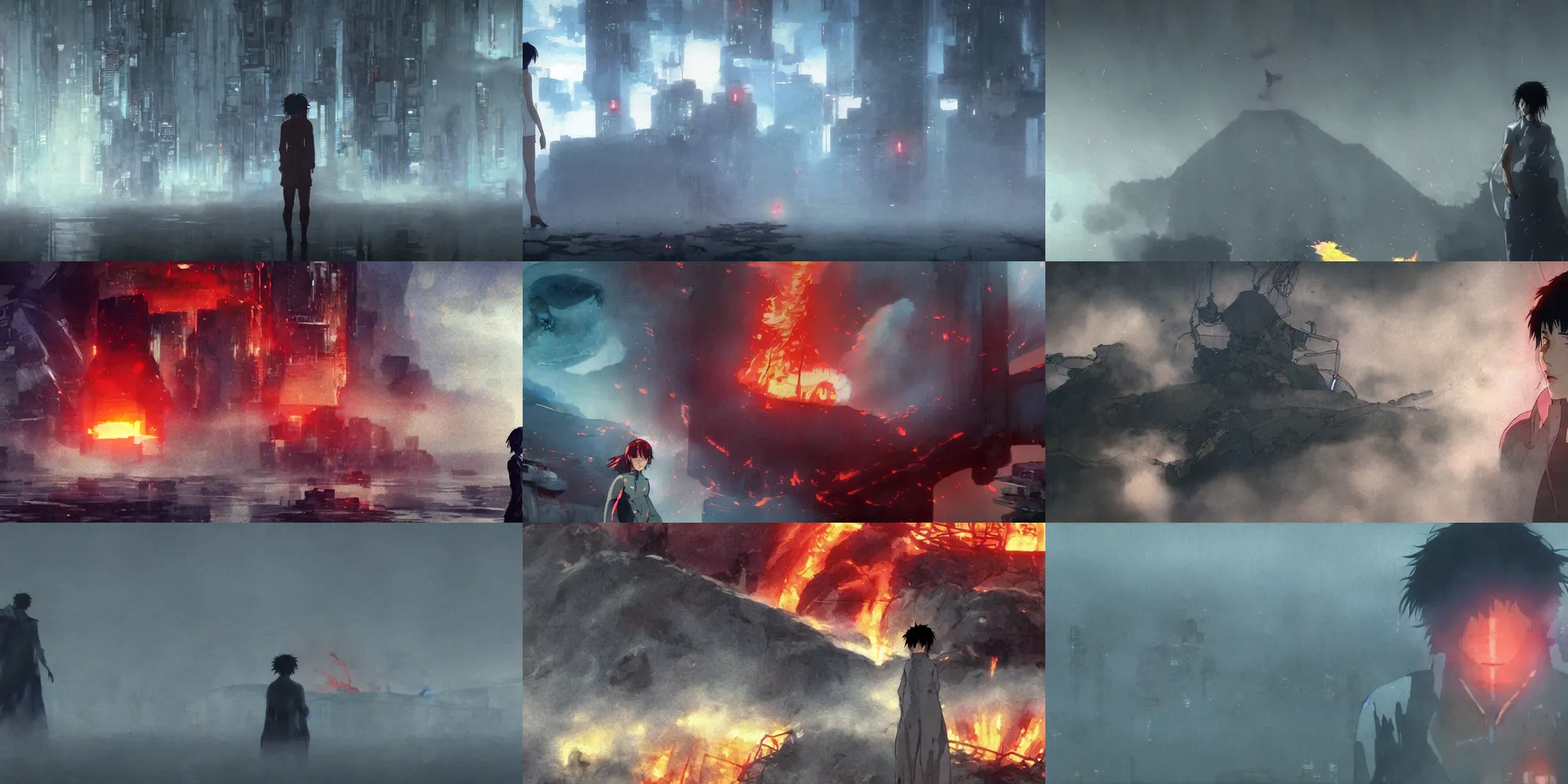 Prompt: incredible creative screenshot, exceptional, ultrawide, simple water color, paper texture, katsuhiro otomo ghost in the shell anime movie scene, girl in raincoat, man on fire, hellscape, hell!!!! mount doom!!!!!, thin fog, smoke, destroyed robots, crater, chasm, blazing fire, burning inferno, vertigo