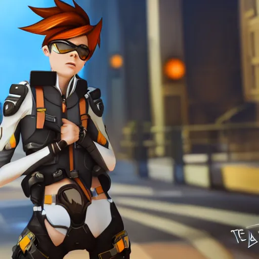 Prompt: digital painting of tracer overwatch wearing large leather collar, standing in city area, 4 k, realistic,