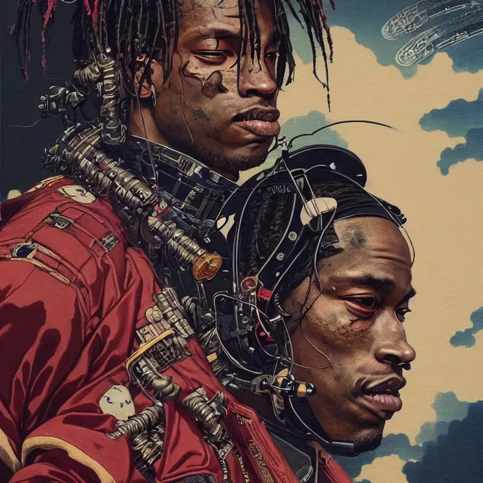 Image similar to a beautiful ukiyo painting of travis scott as a timepunk battle space pilot, wearing space techwear, detailed close up portrait, intricate complexity, concept art, by takato yamamoto, wlop, krenz cushart. cinematic dramatic atmosphere, sharp focus, digital full likeness art. center frame