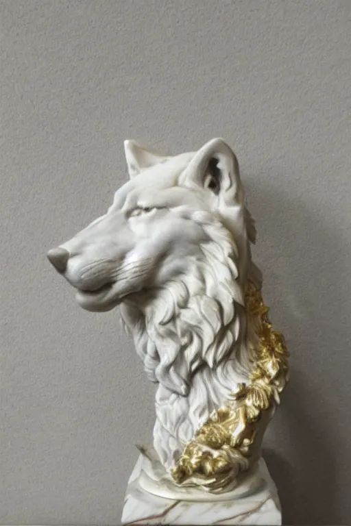 Prompt: a white marble statue of a wolf's head and shoulders with gold filigree, michelangelo