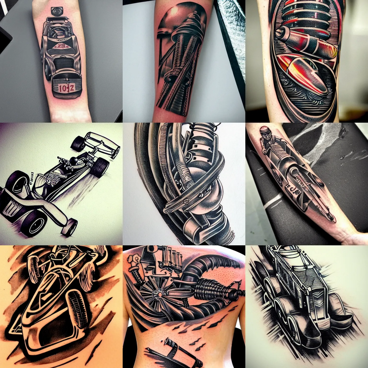 Prompt: a tattoo artwork of a dragster with a v 8 engine