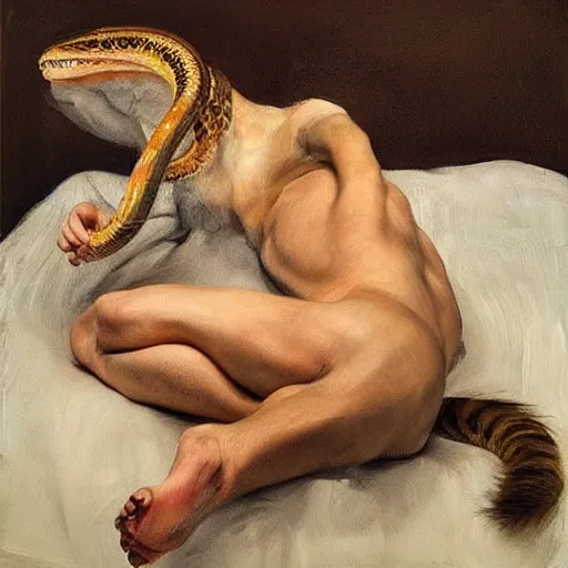 Image similar to shadowy by lucian freud, by serge marshennikov. a beautiful photograph of a snake eating its own tail that seems to go on forever.