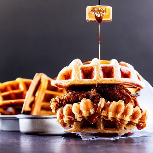 Image similar to photograph of a crispy Cajun fried chicken sandwich with Belgian Waffle Bun, maple syrup & hot fudge 4K, HD