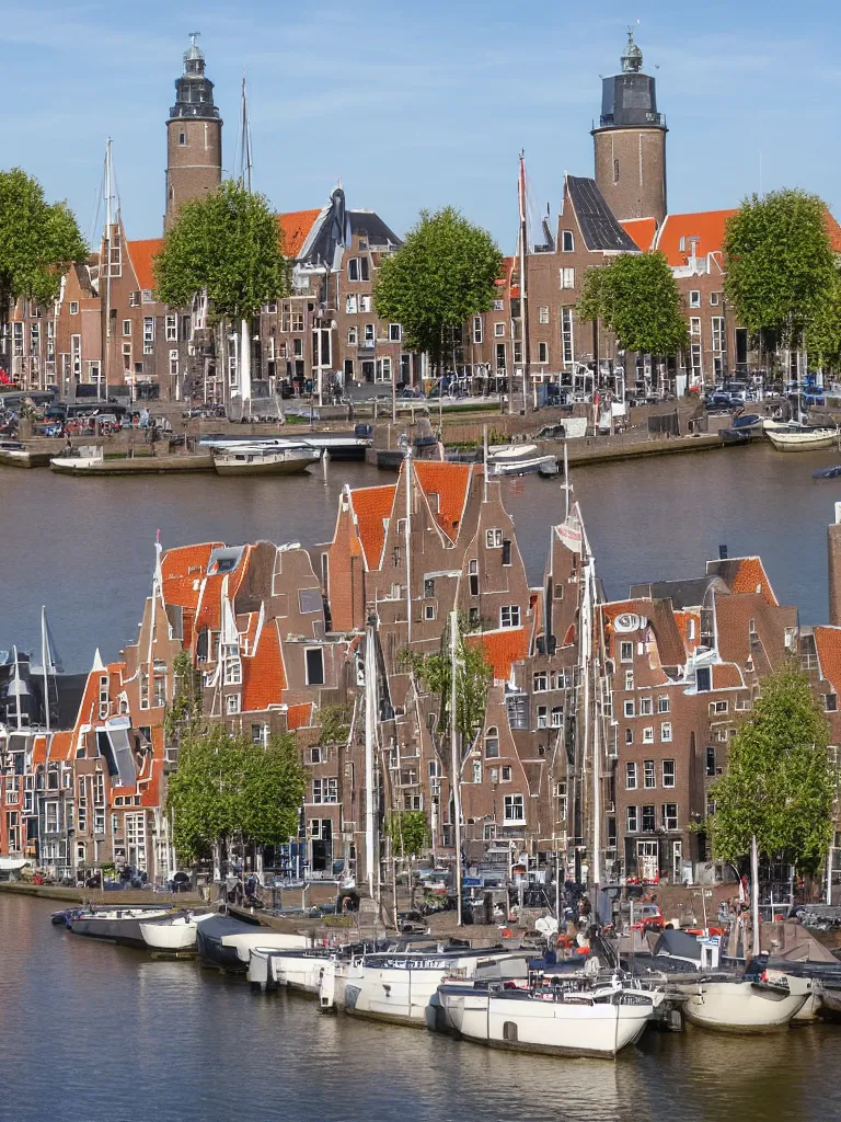 Prompt: A harbour view of de Hoofdtoren in the city of Hoorn in the Netherlands