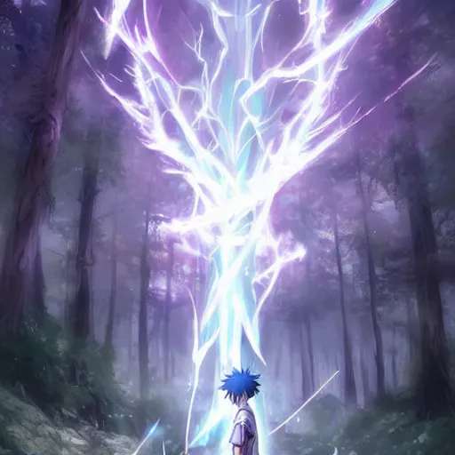 Image similar to killua electric lightning dark forest purple hunter x hunter greg rutkowski hd concept anime art