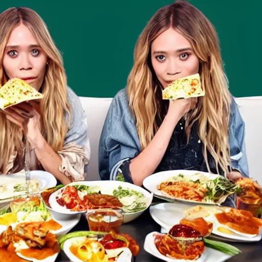 Prompt: mary kate and ashley olsen eating mukbang