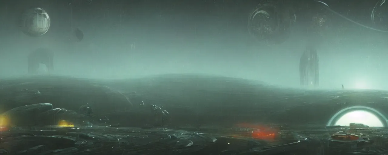 Image similar to ” outer planet with thick fog and distant spaceship dock, [ cinematic, detailed, epic, widescreen, opening, establishing, mattepainting, photorealistic, realistic textures, octane render, art by paul lehr ] ”