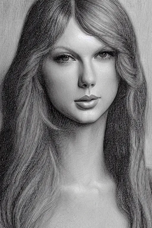 Image similar to a portrait of taylor swift in the style of leonardo da vinci drawing,, single head, no double head,