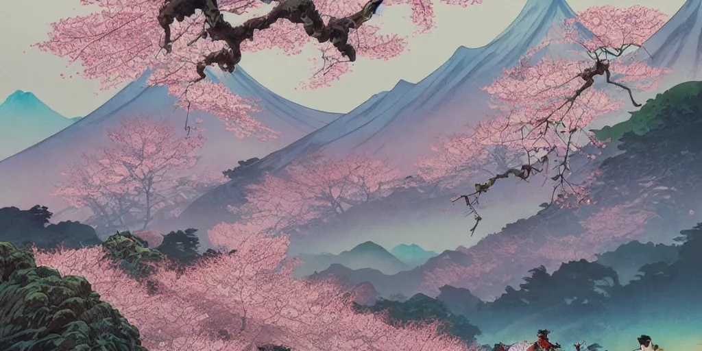 Image similar to japanese ink painting of a blooming cherry blossom forest with mountains in the background, highly detailed, vivid colors, cinematic lighting, 8 k, trending on artstation, art by artgerm and greg rutkowski and alphonse mucha