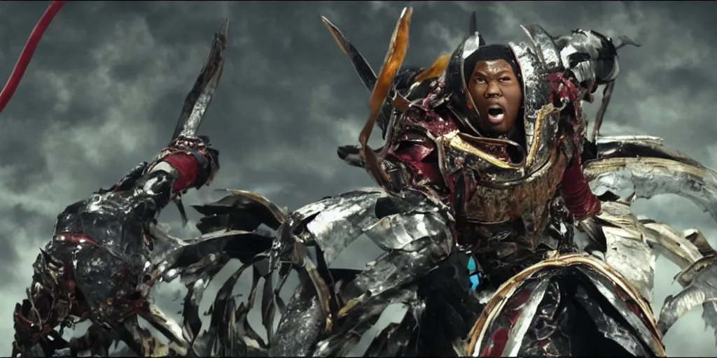 Image similar to a film still of a black man starring in a japanese blockbuster film as yoshimitsu, shallow depth of field, cinematic, award winning cgi, vfx, film still