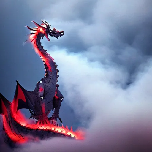 Prompt: A dragon emerging from a cloud of smoke, its eyes glowing red.