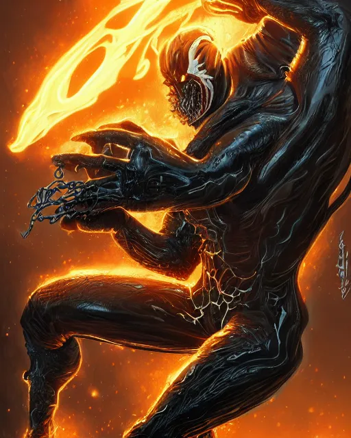 Image similar to ghost rider symbiote, dynamic lighting, fantasy concept art, trending on art station, stunning visuals, creative, cinematic, ultra detailed, comic strip style