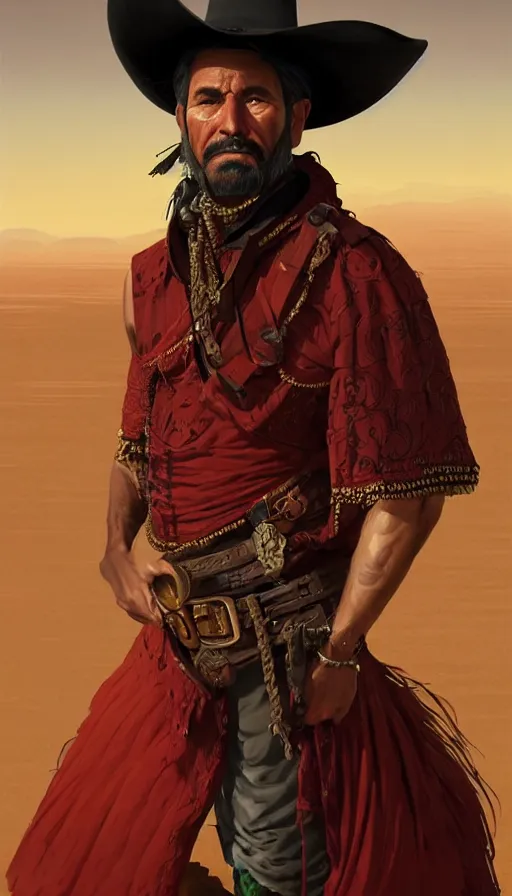 Image similar to ferocious bandido leader full body portrait, forajido cowboy, stern look, late xix century red and carmesi gaucho style, ornate poncho, steppe background, highly detailed, digital painting, character design, artstation, concept art, art by Artgerm, Greg Rutkowski, Craig Mullins, Stanley Artgerm Lau, WLOP, Ross tran, James Jean, red dead redemption, magic the gathering, digital art - W 640