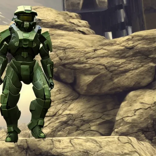 Prompt: Donald Trump wearing the suit of Master Chief from Halo, holding the helmet, gameplay screenshot, cinematic trailer, E3