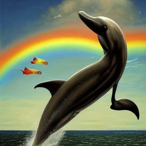 Image similar to a hyper realistic painting of the grim reaper on the back of a dolphin that is jumping over a rainbow, by james c christensen,