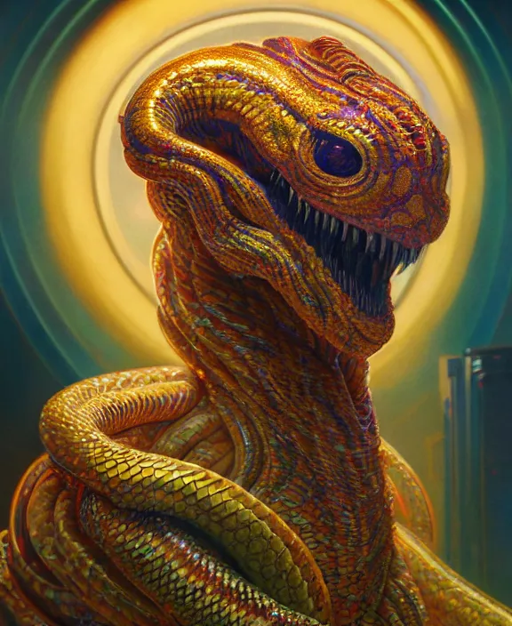 Image similar to intricate colorful golden portrait of a terrifying beautiful alien snake creature, mottling coloring, adorable, childlike, medical equipment hospital environment, ultra realistic, concept art, art nouveau, photorealistic, octane render, 8 k, unreal engine. art by christopher marley and artgerm and greg rutkowski and alphonse mucha