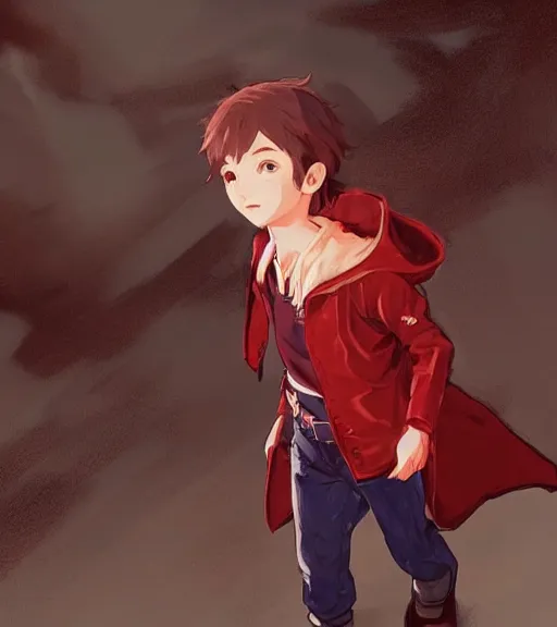 Image similar to attractive little boy character inspired in little red riding hood and venti from genshi impact, digital artwork made by akihiko yoshida and makoto shinkai