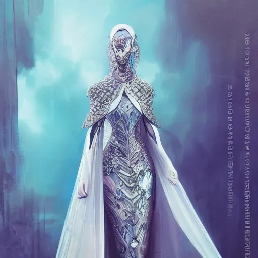 Image similar to a beautiful arabian woman wearing a futuristic dress by alexander mcqueen, thom browne, karol bak, ayami kojima, artgerm, arabian beauty, blue eyes, smile, futuristic, organic dress, pattern, concept art, fantasy