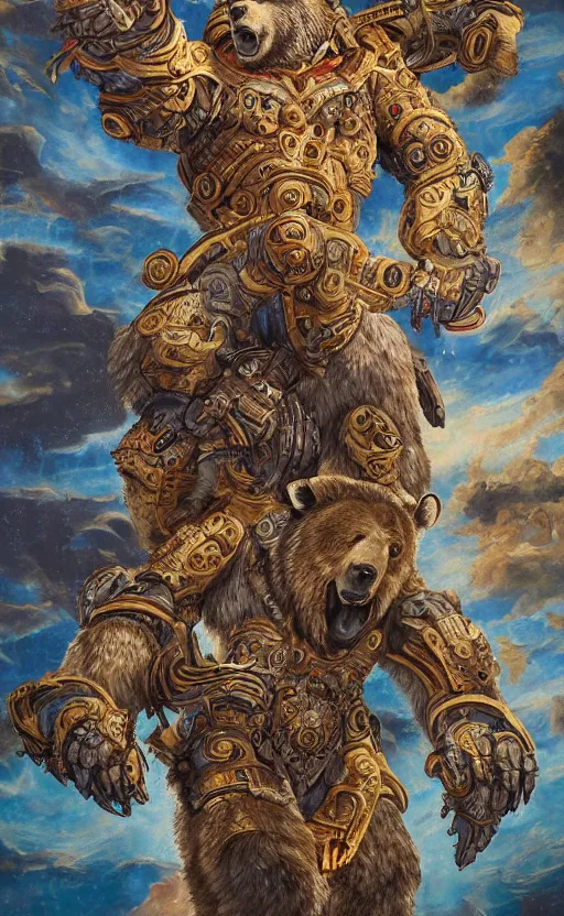 Image similar to mural of a bear beast-man, sci fi weapon, royal ornaments, reaching towards the heavens, sci fi world, holy imagery, highly detailed, beautiful colors, renaissance mural, mural in the style of sandro boticceli, sandro boticceli
