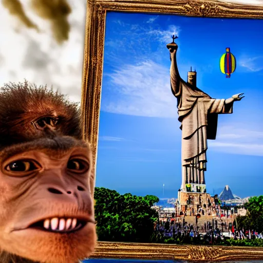 Image similar to high quality portrait of a monkey in front of Christ The Redeemer, studio photograph, photograph, realistic photo, 8k photo, 4k photo, stock photo, high resolution, cinematic shot, high detail