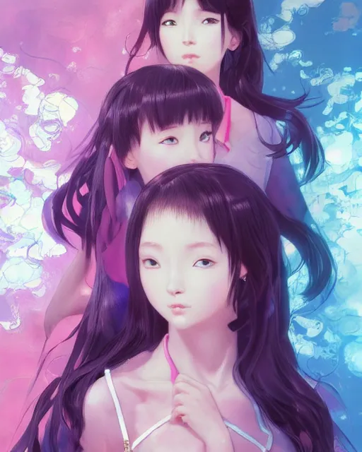 Image similar to Full shot of a beauty portrait anime schoolgirls under dark pink and blue water, intricate abstract. infrared, symmetrical facial features.concept art by D. Jun, by Mo Xiang Tong Xiu, by Igarashi Daisuke and WLOP and Ross Tran and William-Adolphe Bouguereau and Beeple. Key Art. Fantasy Illustration. award winning, Artstation, intricate details, realistic, Hyperdetailed, 8k resolution, 3d