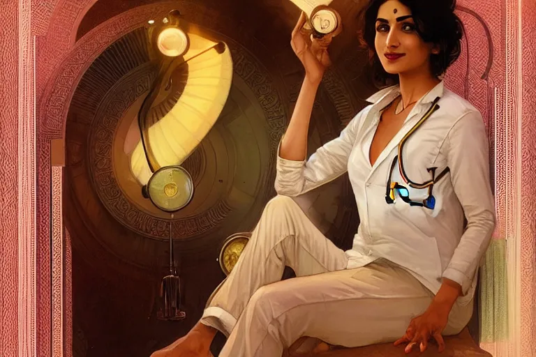 Image similar to sensual pale beautiful indian doctor in jeans with stethoscope, art deco portrait, elegant, intricate, digital painting, artstation, concept art, smooth, sharp focus, illustration, art by artgerm and greg rutkowski and alphonse mucha