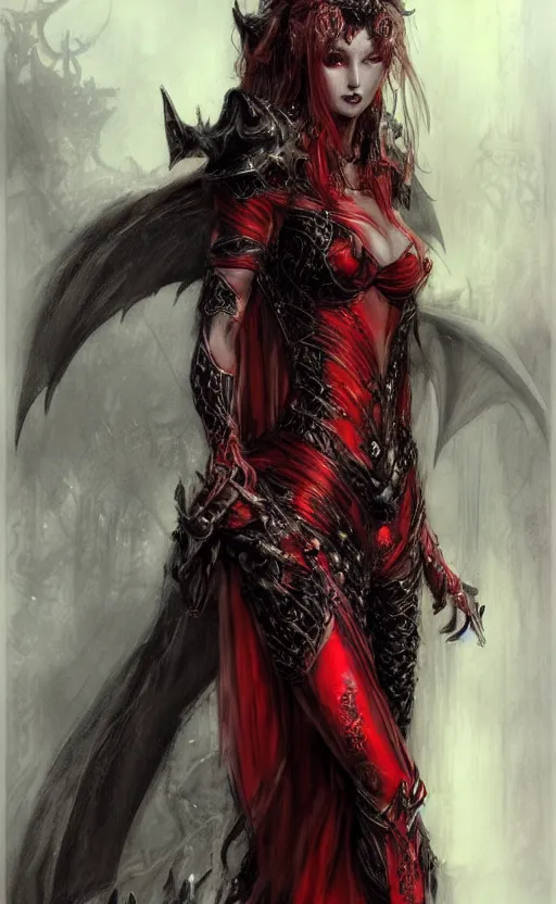 Prompt: Concept art Gothic princess in dark and red dragon armor. By Joseph Mallord William Turner, Luis Royo, artstation trending, highly detailded