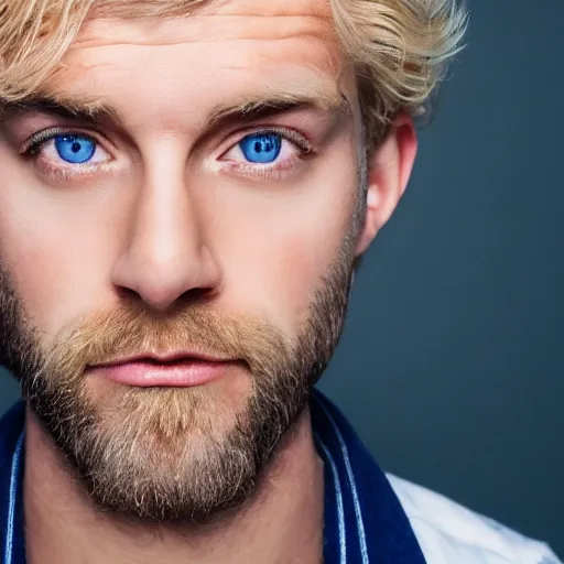 Image similar to close up of face of good looking 4 0 year old blond man with blond stubble, very short wavy blond hair in a short pompadour style, very pale skin, blue eyes, hairy shoulders, hairy chest, color portrait, 4 k