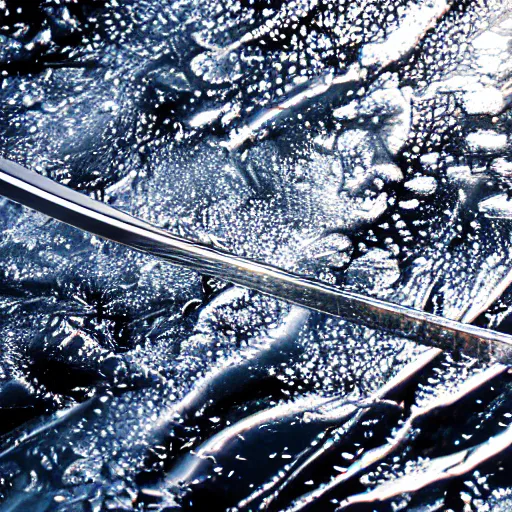 Image similar to Katana with its water Blade entirety out of flowing water reflecting all light, Raytracing, white background with shadows, 40nm lens, full katana in vision,