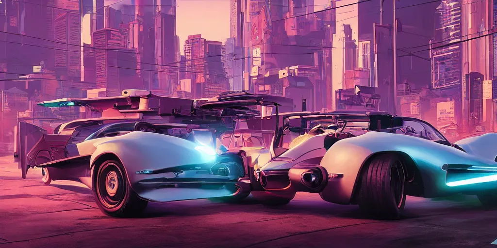 Image similar to art style by Ben Aronson and Edward Hopper and Syd Mead, wide shot view of the Cyberpunk 2077, on ground level. full view of the Tata Tamo Racemo with wide body kit modification and dark pearlescent holographic paint, has gullwing doors open.