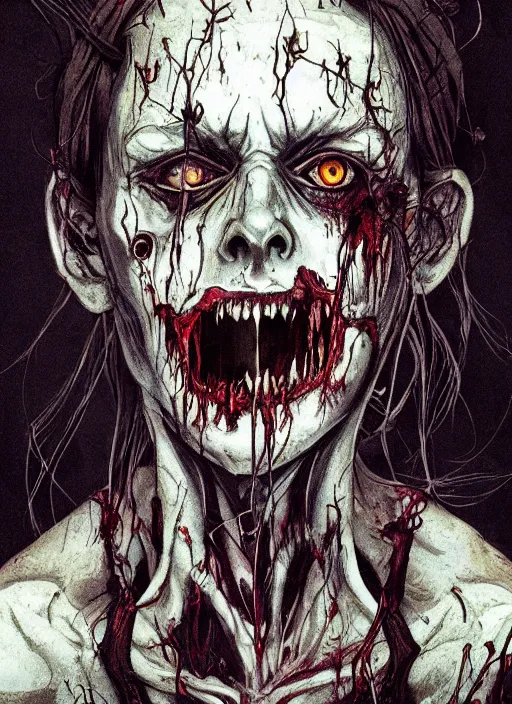 Prompt: in the style of joshua middleton, a decrepit zombie, evil dead demon, evil dead movie, lovecraftian, symmetrical eyes, symmetrical face, forest, cinematic lighting, evil dead creature, scary