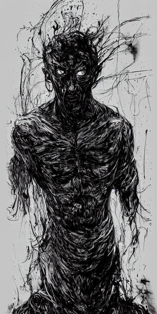 Image similar to concept art of a man with his body covered in burns, with black smoke coming out of his hands, full body, dark colors, sinister atmosphere, dramatic lighting, cinematic, establishing shot, extremely high detail, photo realistic, cinematic lighting, pen and ink, intricate line drawings, by Yoshitaka Amano, Ruan Jia, Kentaro Miura, Artgerm, post processed, concept art, artstation, matte painting, style by eddie mendoza, raphael lacoste, alex ross,