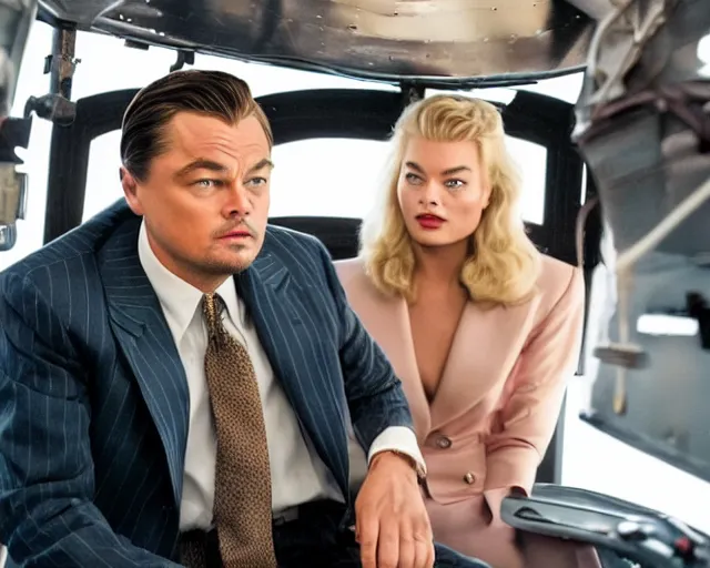 Image similar to leonardo dicaprio as the wolf of wall street next to margot robbie as naomi from the wolf of wall street sitting in a helicopter, hyper realistic faces, beautiful eyes, cinematic, long shot, hyper detailed, 8 5 mm photograph, 8 k resolution, film still, sharp lens, wide lens