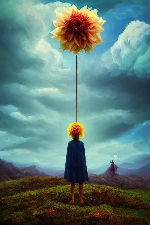 Image similar to perspective giant dahlia flower as head, girl standing on mountain, surreal photography, blue storm clouds, dramatic light, impressionist painting, digital painting, artstation, simon stalenhag