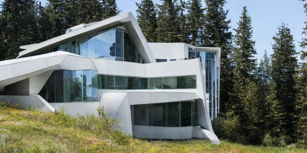 Prompt: large modern futuristic residence, pacific northwest, sunny, white concrete, large geodesic windows, long features, right angles