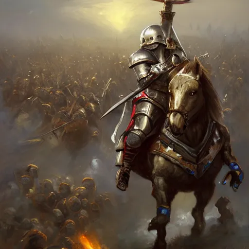 Image similar to joe biden in medieval plate armor holding a greatsword standing on top of piles of slain enemy footsoldiers, epic fanart, volumetric lighting, oil painting, highly detailed, wide view, sharp focus, painting by daniel gerhartz, alphonse murac, detailed art, artstation