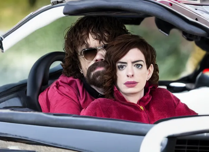 Prompt: peter dinklage and anne hathaway driving a little tikes cozy coupe, movie still, from the new fast 5, 8 k, realistic