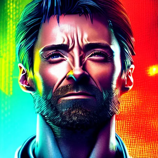 Image similar to hugh jackman portrait, cyberpunk 2 0 7 7, cyberpsycho, photorealistic, ultra detailed, neon, octane, bokeh, cyber, cyberpunk city, feature, scars, cyberface, 8 k